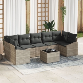 Conjunto de Sofá de Jardín  de 8 Piezas con Cojines Gris Claro Ratán Sintético