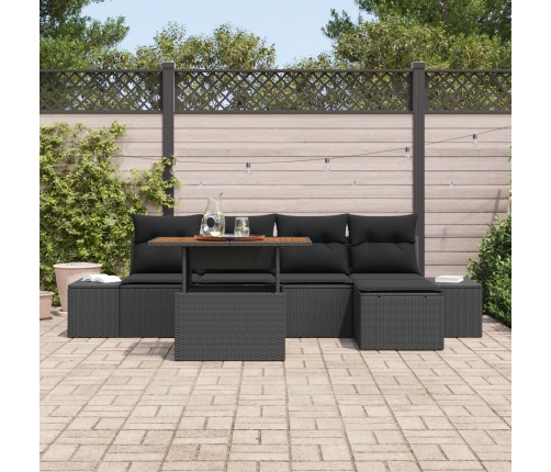 Conjunto de Comedor de Jardín de 6 Piezas con Cojines Negro Poliratán Acacia