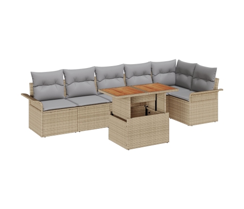 Set de Comedor de 7 Piezas para Jardín con Cojines Beige Ratán Sintético Acacia