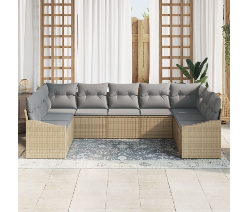 Set de Sofás de Jardín  de 9 Piezas con Cojines Beige Ratán Poliéster