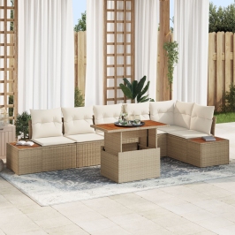 Conjunto de Sofá de Jardín  Set de 7 Beige Ratán, Madera, Poliéster