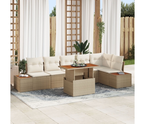 Conjunto de Sofá de Jardín  Set de 7 Beige Ratán, Madera, Poliéster