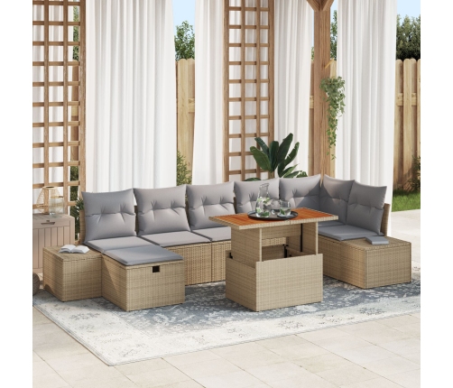 Juego de Comedor de Jardín  de 8 Piezas con Cojines Beige Ratán Poliéster