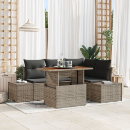 Conjunto de Comedor de Jardín de 5 Piezas con Cojines Gris Ratán Poli Acacia