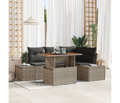 Conjunto de Comedor de Jardín de 5 Piezas con Cojines Gris Ratán Poli Acacia