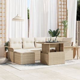 Juego de Sofá de Jardín  de 7 Piezas con Cojines Beige Poliratán