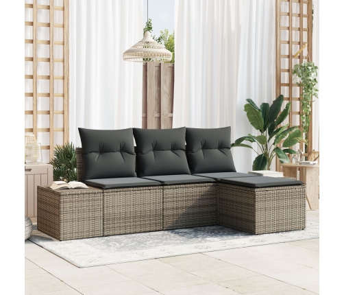 Conjunto de Sofá de Jardín de 4 Piezas con Cojines Gris Poliratán