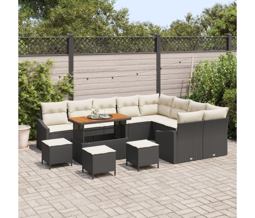 Conjunto de Sofás de Jardín de 13 Piezas con Cojines Negro Poliratán Acacia, Conjunto de Comedor de Jardín de 4 Piezas con Cojines Negro Poliratán Acacia, Sofá de Jardín de 2 Plazas con Cojines Negro Poliratán