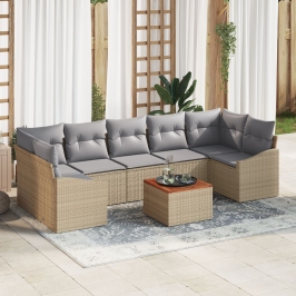 Set de Sofá de Jardín de 8 piezas con Cojines Beige Ratán Polimérico Acacia