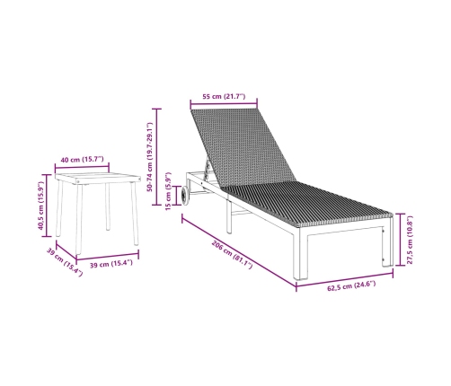 Tumbonas  2 pcs con Ruedas y Mesa Marrón Poliratán
