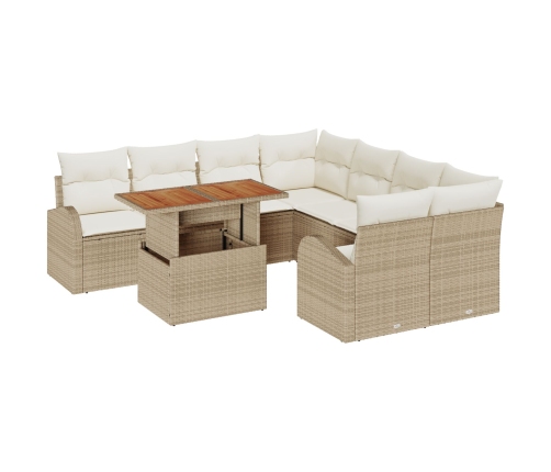 Conjunto de Jardín de 9 Piezas con Cojines Beige Polirratán Acacia