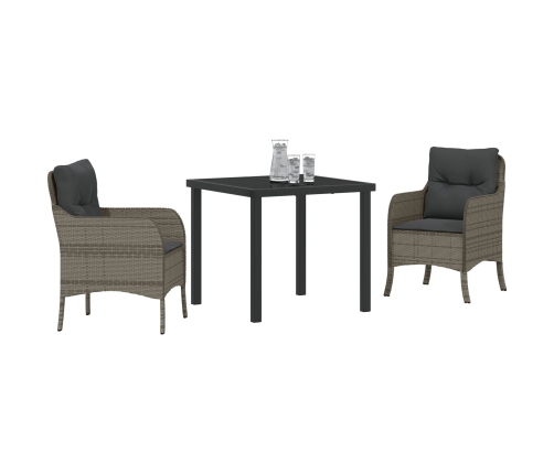 Set de Comedor de Jardín de 3 Piezas con Cojines Gris Poliratán