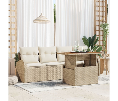 Juego de Comedor de Jardín de 5 Piezas con Cojines Beige Ratán Poliacacia