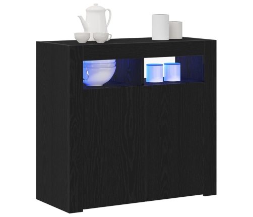 Sideboard  con luces LED en negro y roble, 80x35x75 cm, de madera