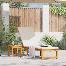 Tumbona con Mesa y Cojín de Madera Sólida de Acacia,  Tumbona con Cojines Crema de Madera Sólida de Acacia,  Mesa Lateral de Jardín 35x35x34 cm de Madera Sólida de Acacia