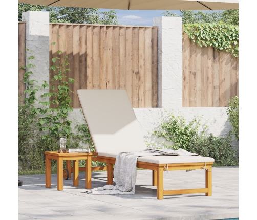 Tumbona con Mesa y Cojín de Madera Sólida de Acacia,  Tumbona con Cojines Crema de Madera Sólida de Acacia,  Mesa Lateral de Jardín 35x35x34 cm de Madera Sólida de Acacia