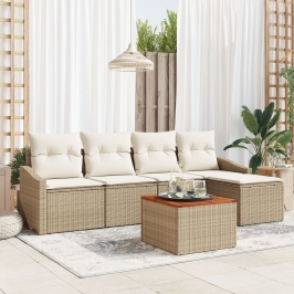 Conjunto de Sofás de Jardín  de 6 Piezas con Cojines Beige de Poliratán Acacia