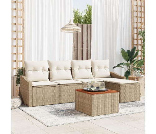 Conjunto de Sofás de Jardín  de 6 Piezas con Cojines Beige de Poliratán Acacia