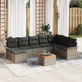 Conjunto de Sofá de Jardín  de 9 Piezas con Cojines Gris Poliratán Acacia