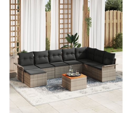 Conjunto de Sofá de Jardín  de 9 Piezas con Cojines Gris Poliratán Acacia
