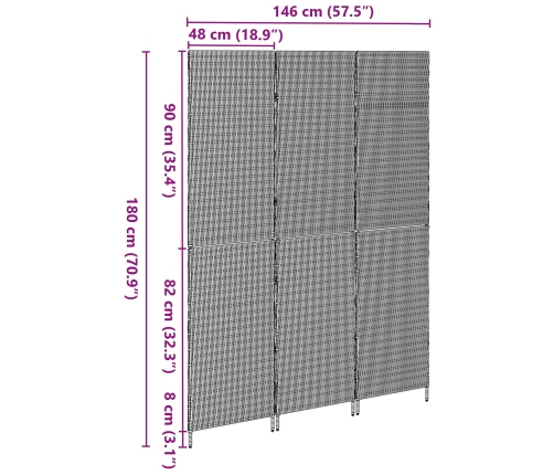 Divisor de habitación  3 paneles plegable gris 147x180 cm ratán polipropileno