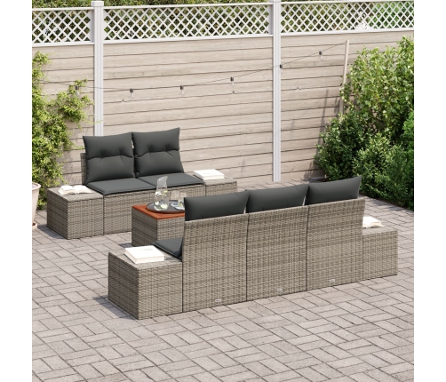 Set de Sofás de Jardín de 6 Piezas con Cojines Gris Ratán Polimérico Acacia