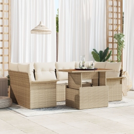 Conjunto de sofá de jardín de 7 piezas con cojines Beige Ratán Acacia
