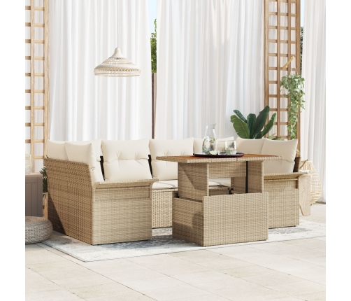 Conjunto de sofá de jardín de 7 piezas con cojines Beige Ratán Acacia