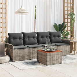 Conjunto de Sofá de Jardín  de 5 Piezas con Cojines Gris Poliratán Acacia