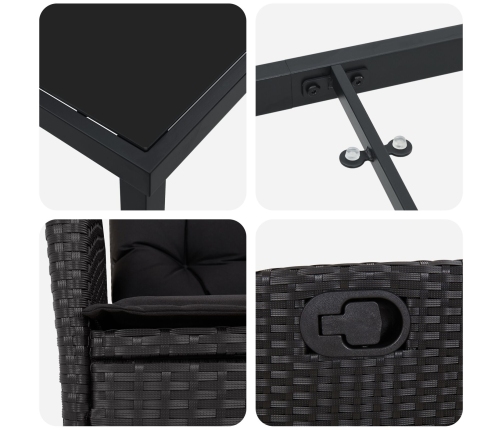 Juego de comedor de jardín de 9 piezas  con cojines Negro Rattan Poli