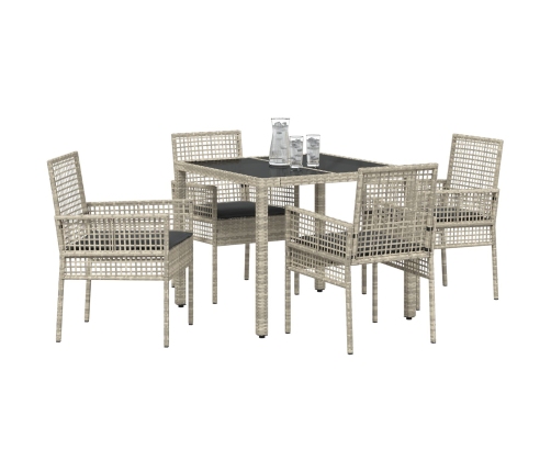 Set de Comedor de Jardín de 5 Piezas con Cojines Gris Claro de Poliratán