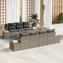 Juego de Sofá de Jardín de 8 Piezas con Cojines Gris Poliratán Acacia