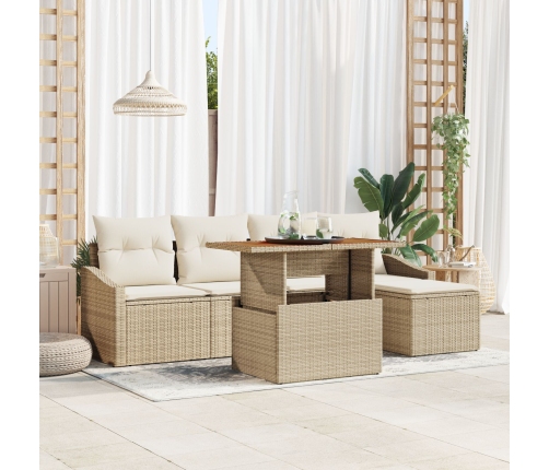 Set de Comedor de Jardín de 6 Piezas con Cojines Beige de Ratán Poliéster Acacia