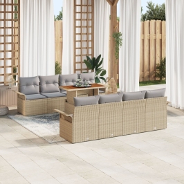 Juego de Sofá de Jardín de 9 Piezas con Cojines Beige Ratán Poli Acacia