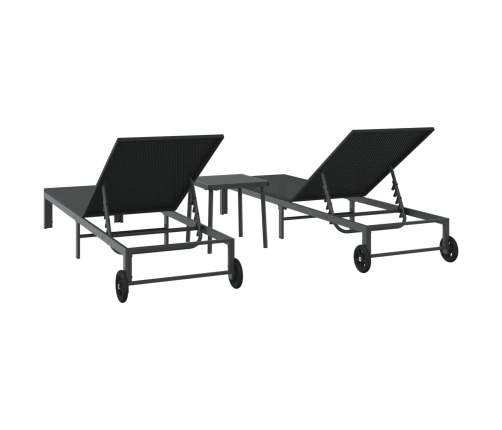 Tumbonas  2 pcs con ruedas y mesa negro de poliratán