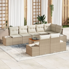 Juego de Sofá de Jardín  de 9 Piezas con Cojines Beige Poliratán Acacia