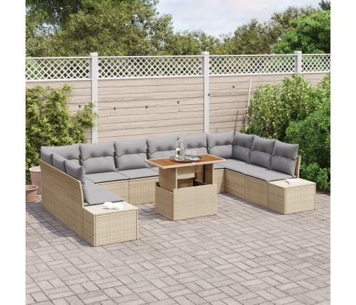 Conjunto de Sofá de Jardín  de 11 Piezas con Cojines Beige de Poliratán