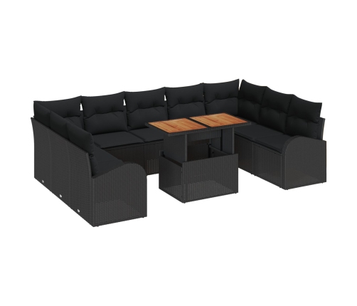 Set de Jardín de 10 Piezas con Cojines Negro Ratán Poli Acacia