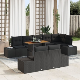 Conjunto de Comedor de Jardín de 9 Piezas con Cojines Negro Ratan de Poliéster Acacia