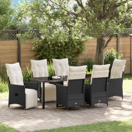 Set de Comedor de Jardín de 7 Piezas con Cojines Poliratán Negro