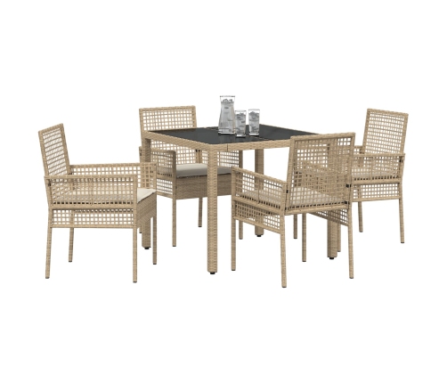 Juego de Comedor de Jardín de 5 Piezas con Cojines Beige de Poliratán