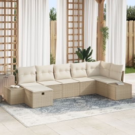 Conjunto de Sofás de Jardín de 7 Piezas con Cojines Beige Ratan Poliéster