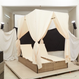 Camas de Día Exterior Beige y blanco crema Ratán, poliéster Grande