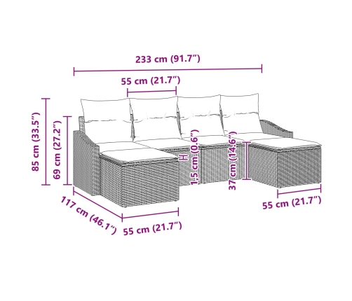 Conjunto de Comedor de Jardín de 6 Piezas con Cojines Ratán Poliéster Beige