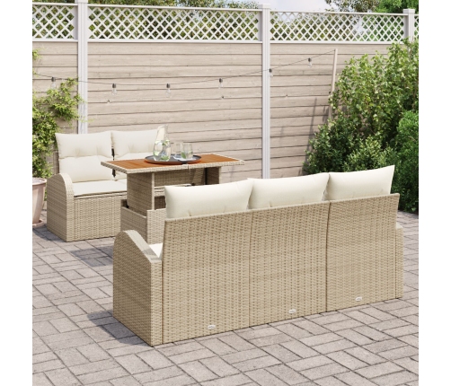Conjunto de Comedor de Jardín de 6 Piezas con Cojines Beige Ratán Poli Acacia