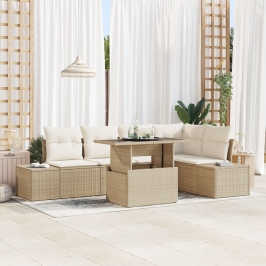 Conjunto de Sofás de Jardín  de 6 Piezas con Cojines Beige Poliratán