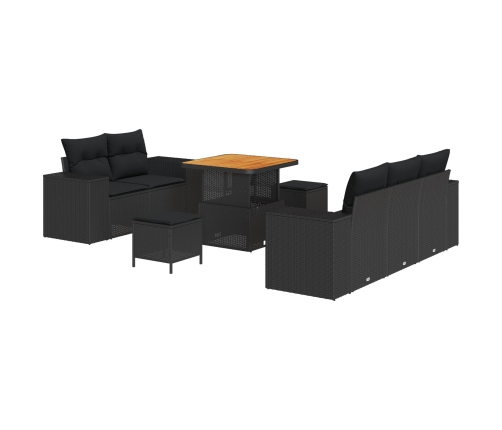 Conjunto de Sofá de Jardín de 8 Piezas con Cojines Ratán Poliéster Negro Acacia,  Conjunto de Comedor de Jardín de 3 Piezas con Cojines Ratán Poliéster Negro Acacia