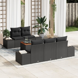 Conjunto de Sofá de Jardín  de 6 Piezas con Cojines Negro Poliratán Acacia