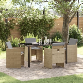 Set de Comedor de Jardín de 5 Piezas con Cojines Beige Poliratán