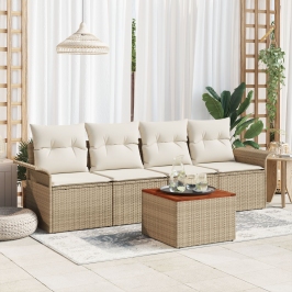 Juego de Sofás de 5 Piezas  con Cojines Beige de Ratán Poliéster Acacia